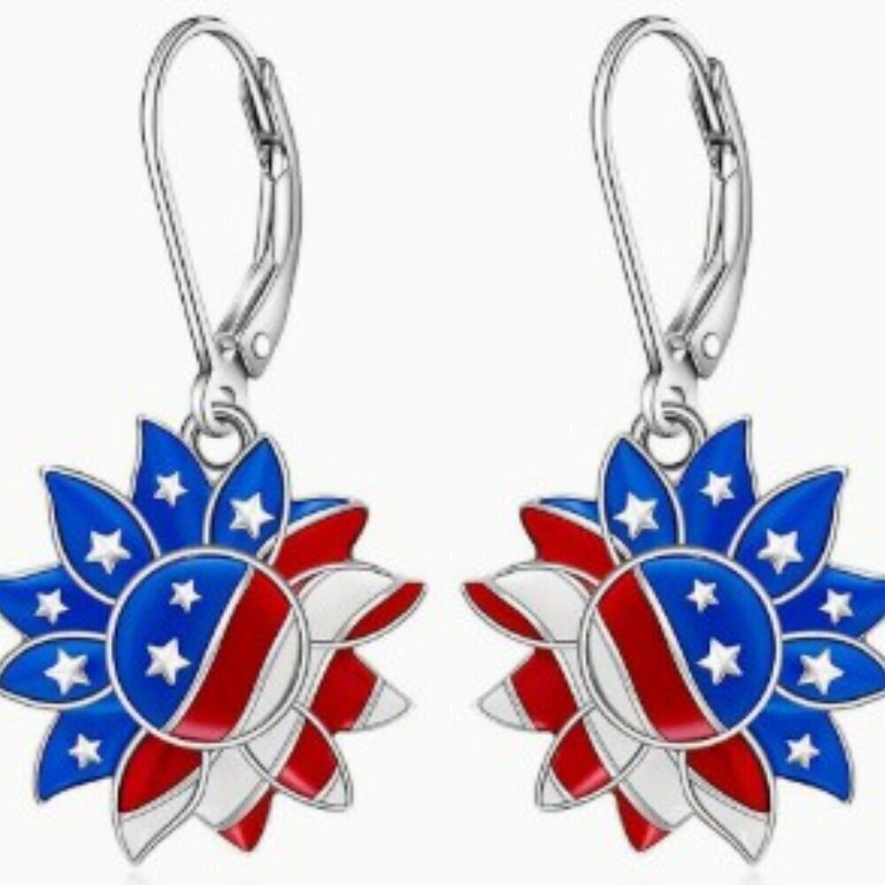 American Flag Sunflower Pendant Drop Earrings Patriotic Design - Picture 3 of 5